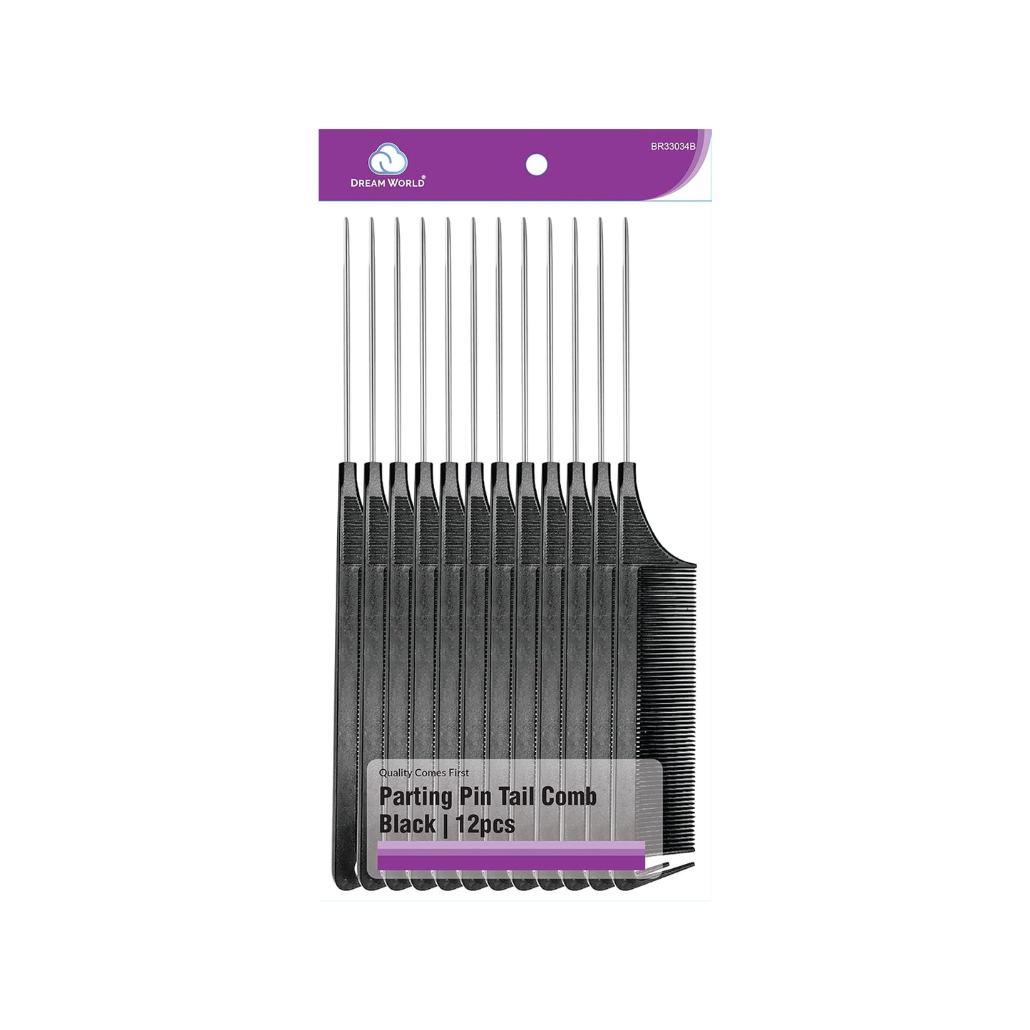 Dream World Parting Metal Pin Tail Comb Black (Set of 12)